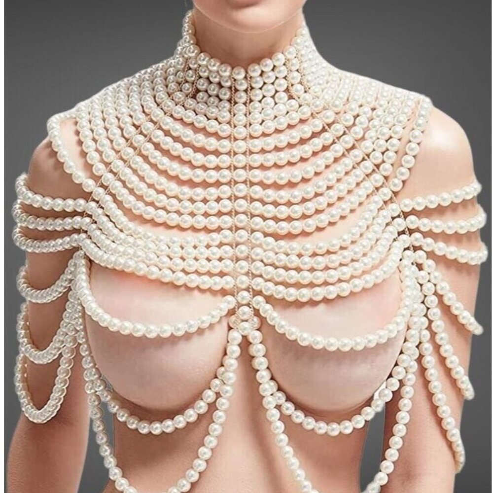Jewelry Accessory Layered Ivory Gold Synthetic Big Pearls Necklaces Body Chains - Picture 4 of 16